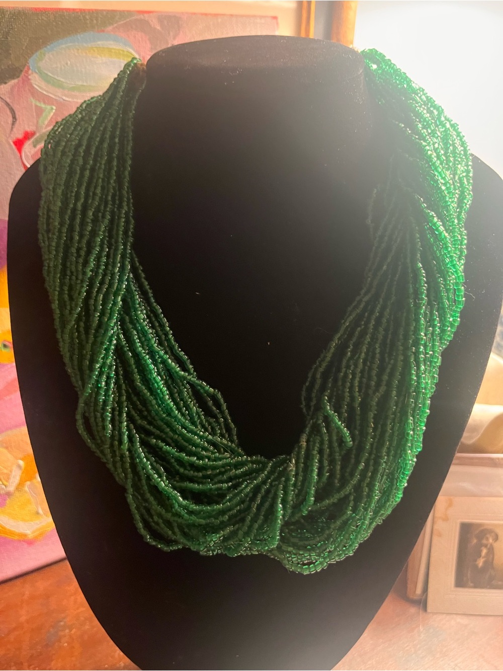 Hand Crafted Antique Emerald IndianGreen Multi-Strand Seed Bead Necklace